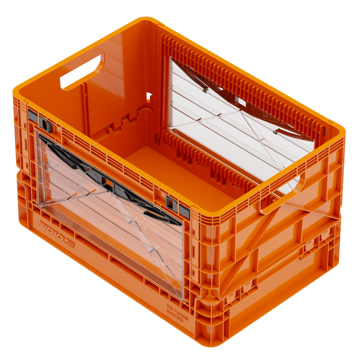 Orange SidioCrate full size collapsible storage crate with clear viewing windows.