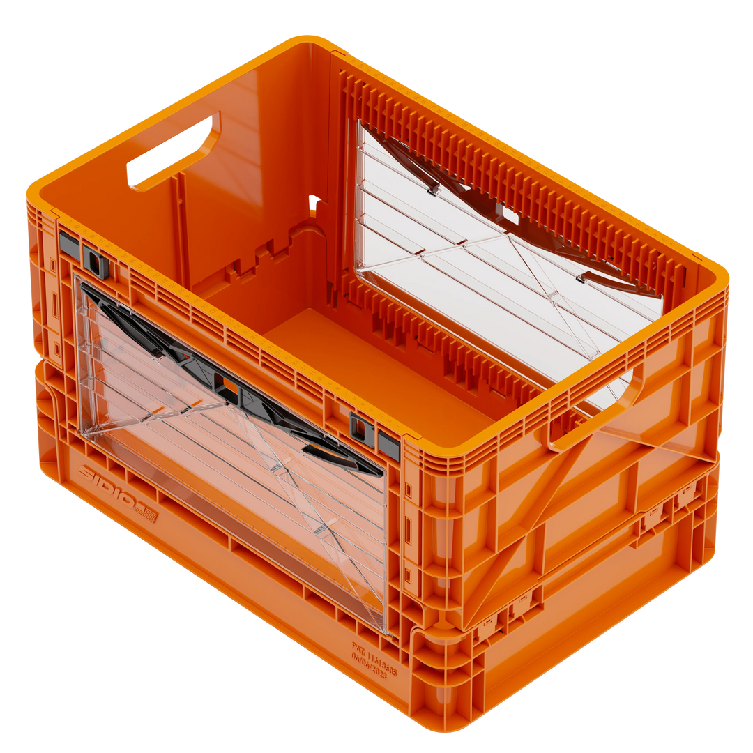 Orange SidioCrate full size collapsible storage crate with clear viewing windows.