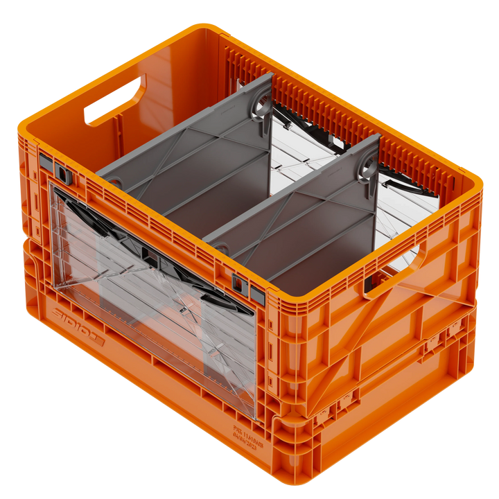 Orange SidioCrate collapsible window storage crate for camper vans.