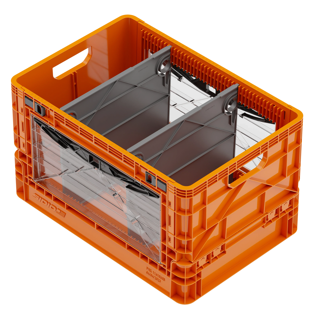 Orange SidioCrate collapsible window storage crate for camper vans.
