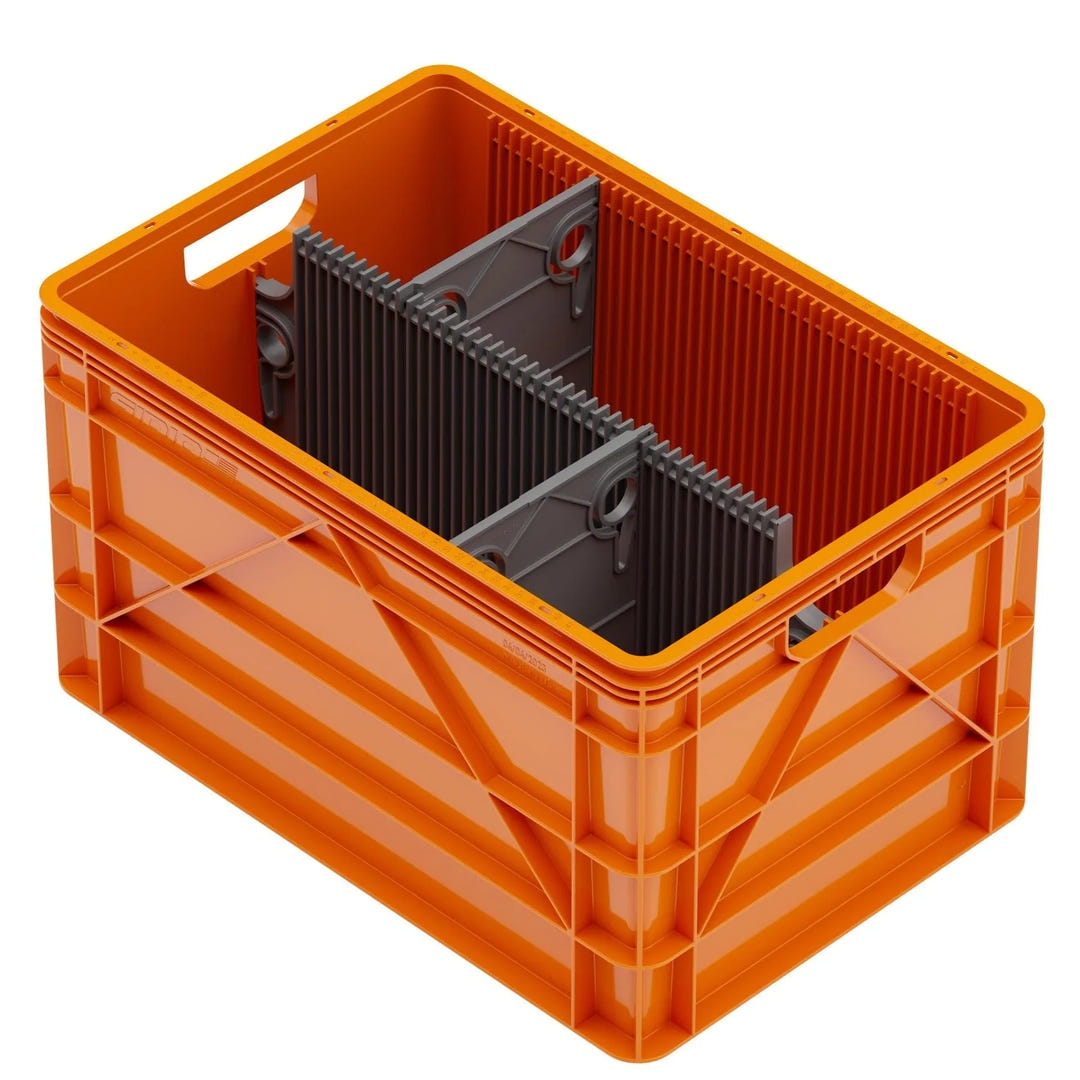 Orange SidioCrate plastic storage bin with grey adjustable dividers for camper van organization.