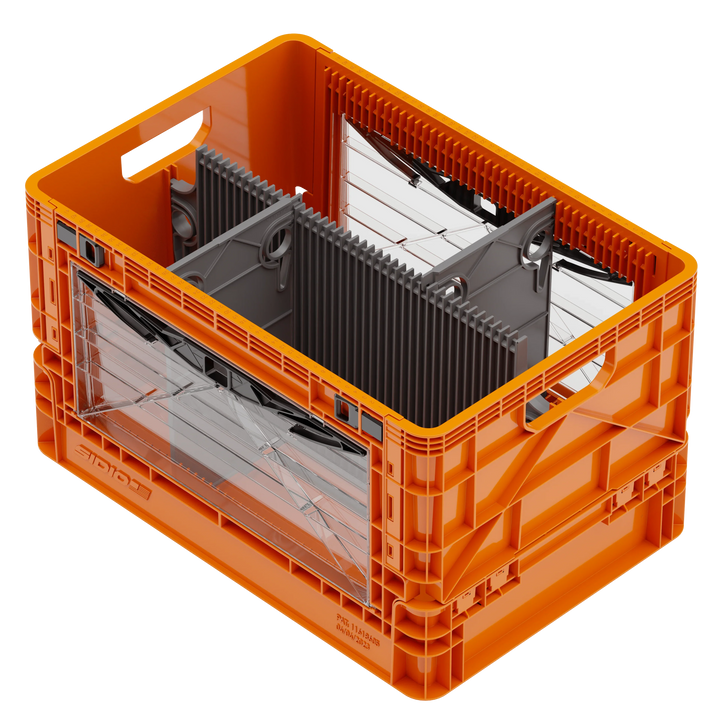 Orange SidioCrate collapsible window storage crate for camper vans.