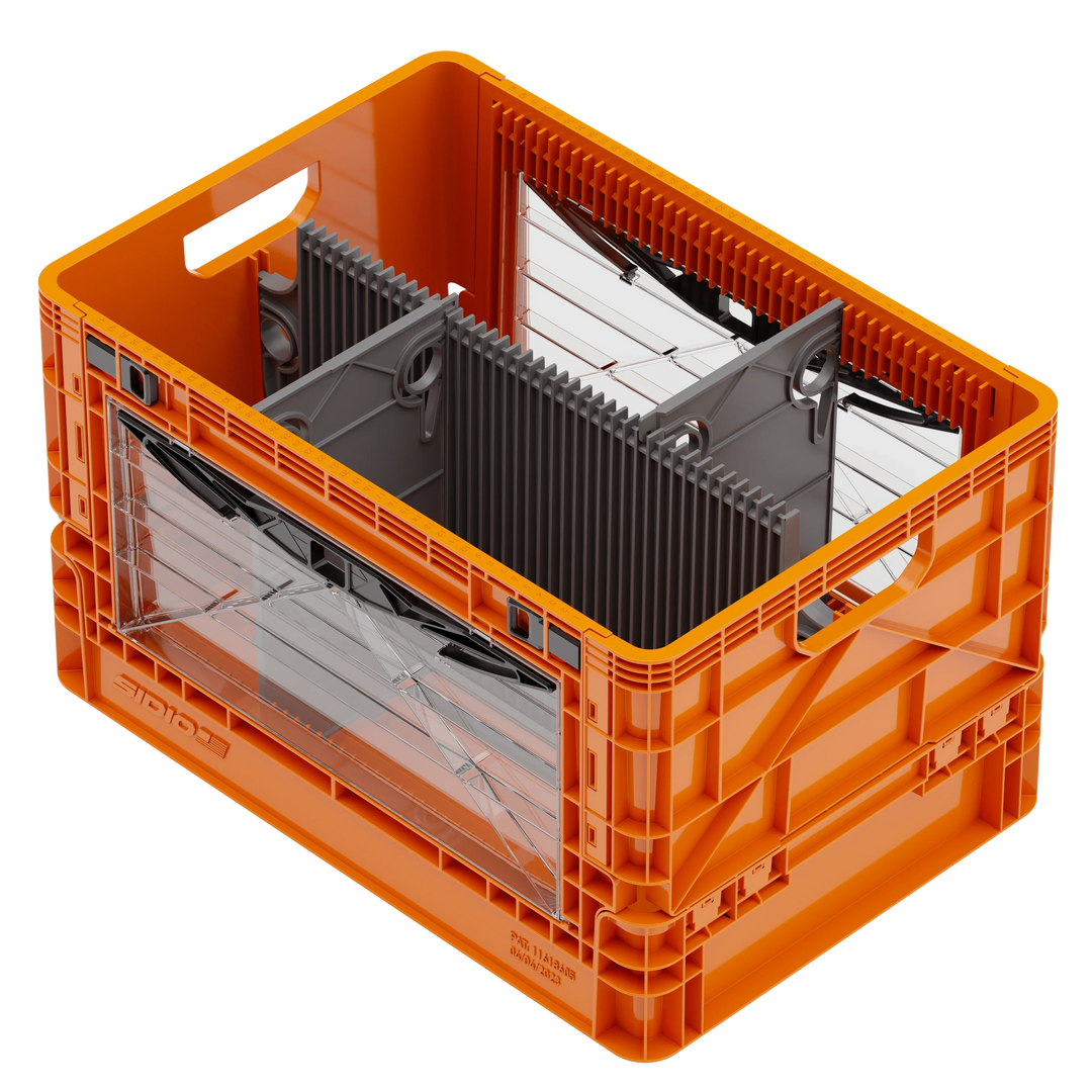 Orange SidioCrate collapsible window storage crate for camper vans.