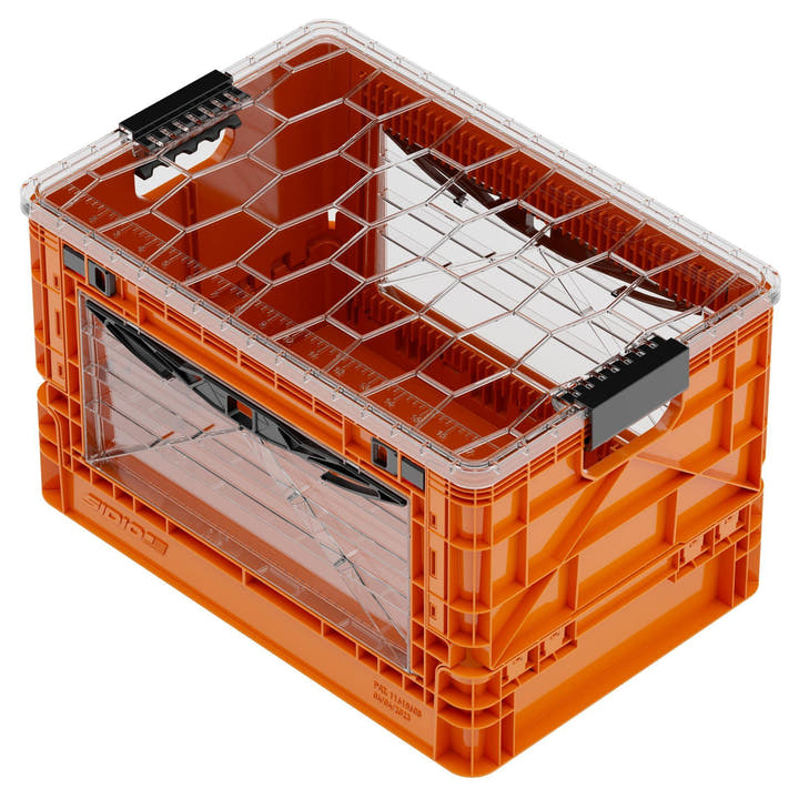 Orange SidioCrate collapsible camper van storage crate with a clear window.