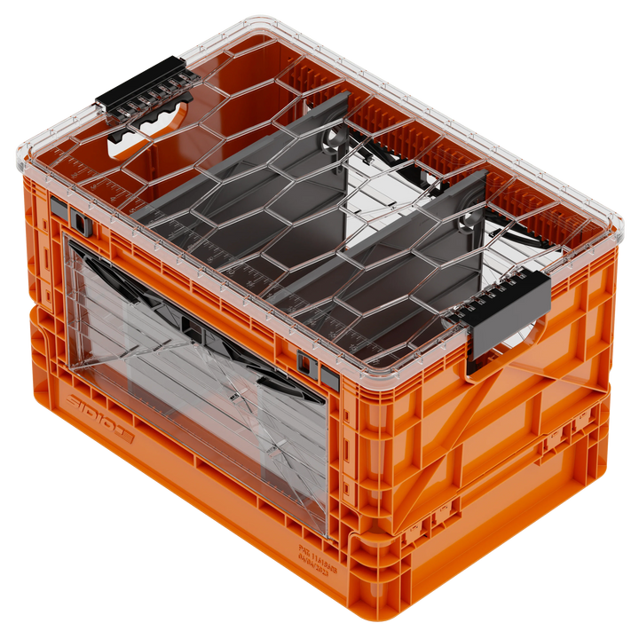 Orange and clear SidioCrate collapsible storage bin with window for camper van organization.