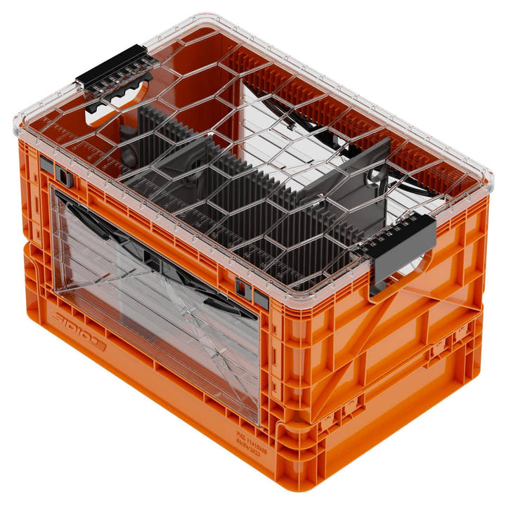 Full size orange collapsible SidioCrate with window and internal dividers for camper van storage.