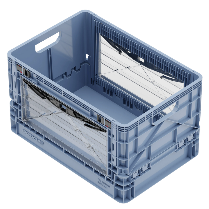 Blue SidioCrate collapsible storage crate for camper van window mounting.