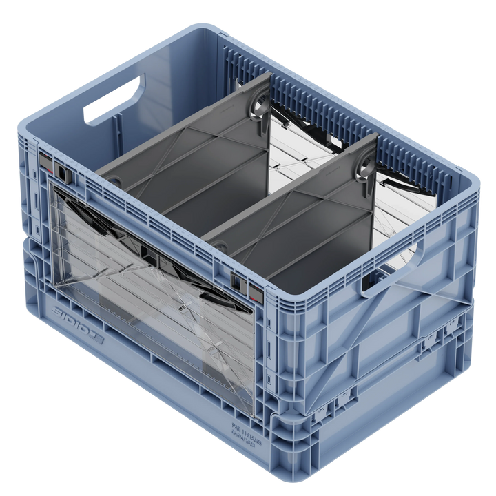 Gray SidioCrate collapsible camper van storage crate with window access.