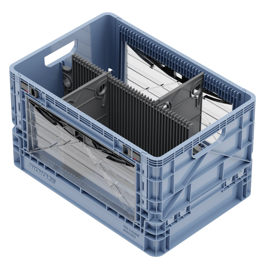 Blue SidioCrate full size collapsible crate with window panel for camper van storage.