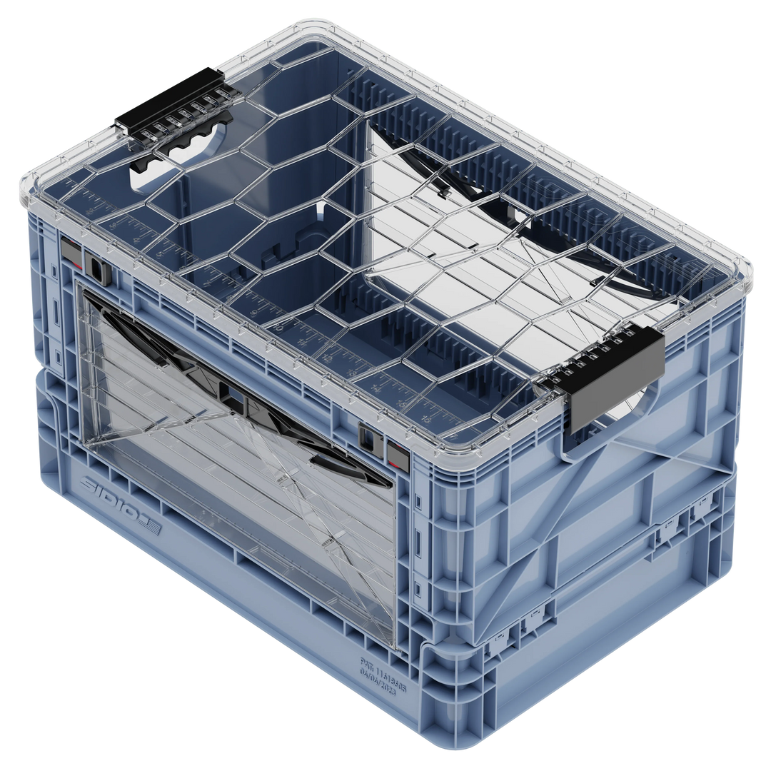 SidioCrate collapsible window storage crate in light grey plastic for camper van organization.