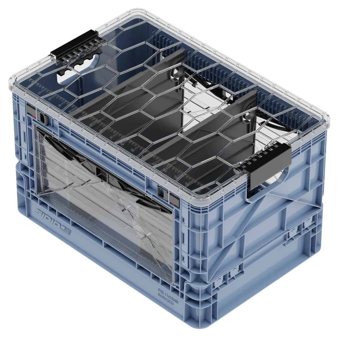 SidioCrate collapsible blue plastic storage crate for camper van window mounting.