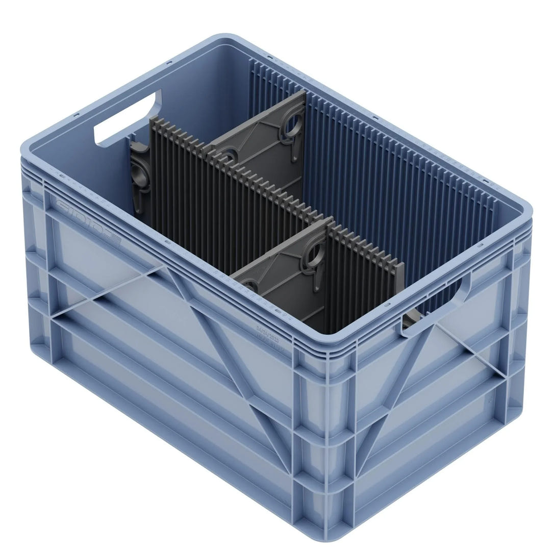 Blue SidioCrate full size storage bin with black internal dividers for camper van organization.