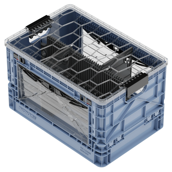 Gray SidioCrate collapsible storage crate for camper van window mounting.