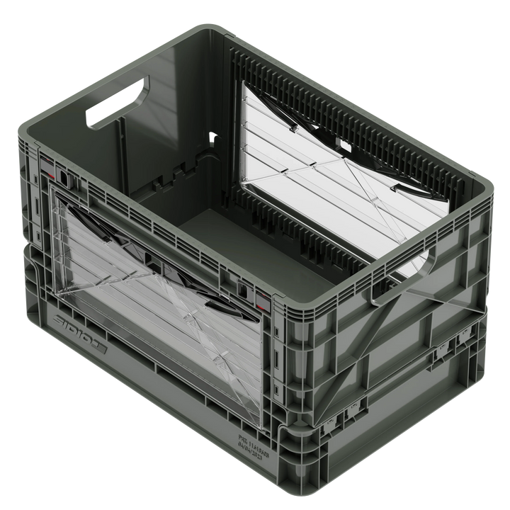 Gray SidioCrate collapsible storage bin for camper van window mounting.