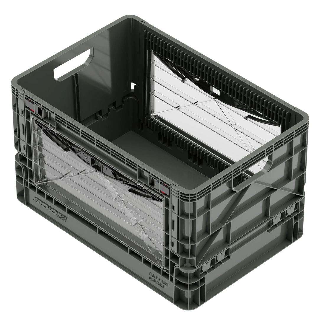 Gray SidioCrate collapsible storage bin for camper van window mounting.