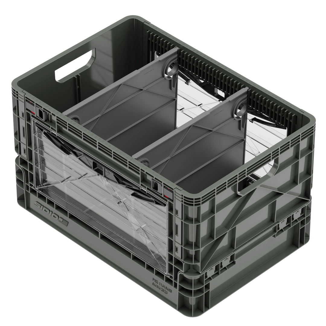 Dark grey SidioCrate collapsible storage bin for camper van window mounting.