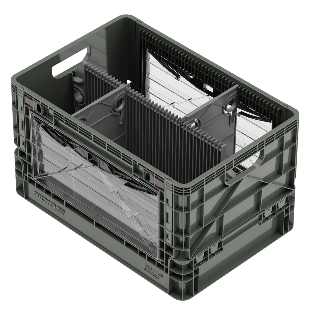 Grey SidioCrate collapsible storage crate designed for camper van window mounting.