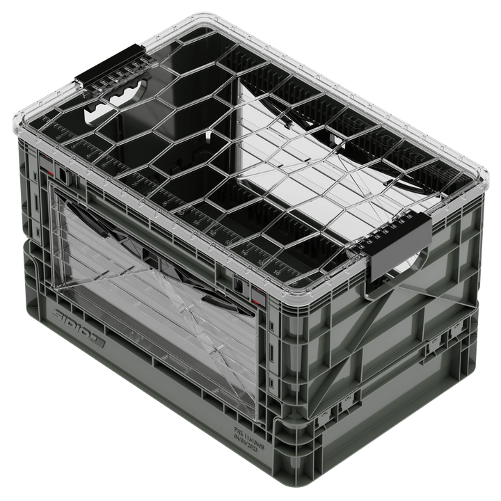 Transparent SidioCrate window for camper van storage, made of durable clear plastic.