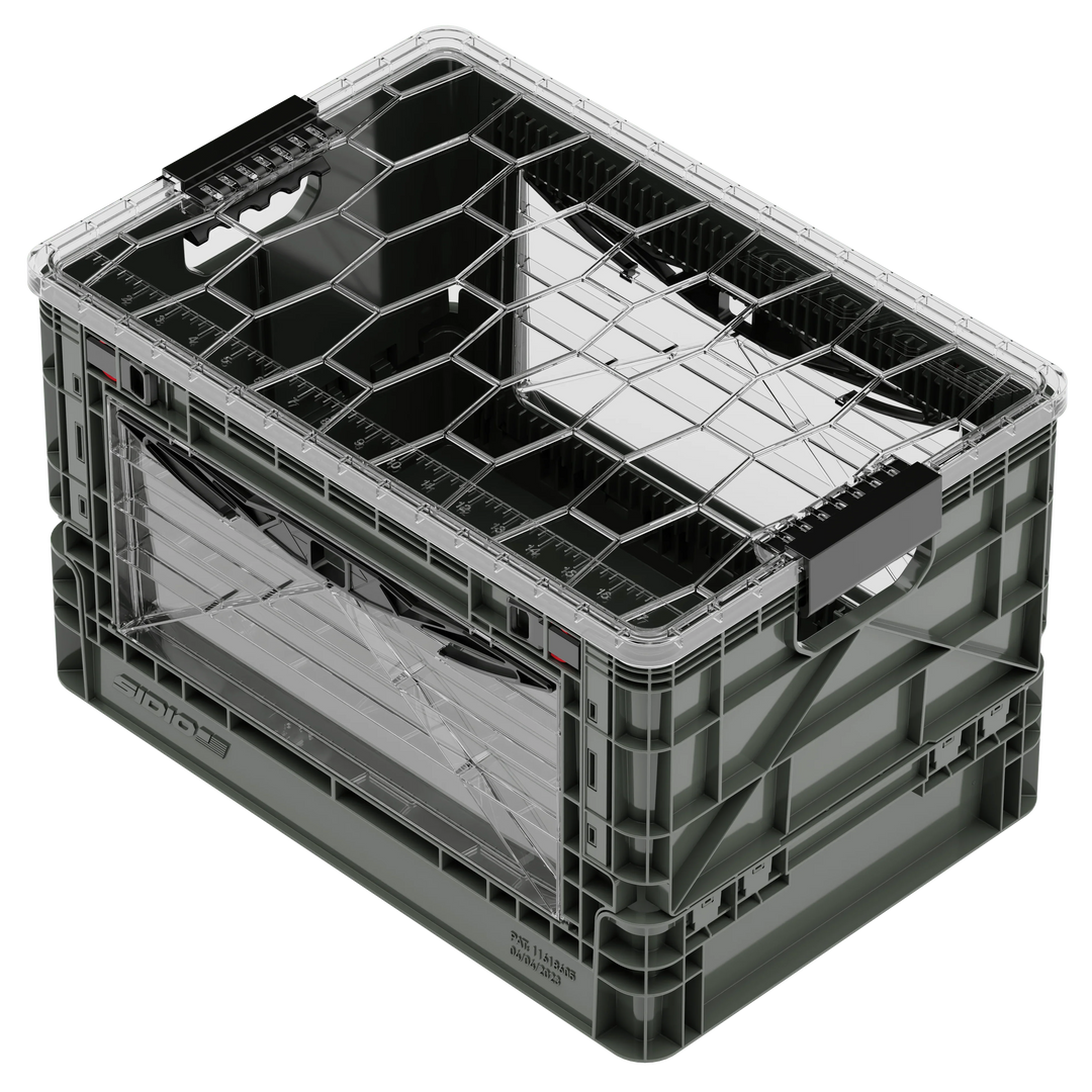 Transparent SidioCrate window for camper van storage, made of durable clear plastic.