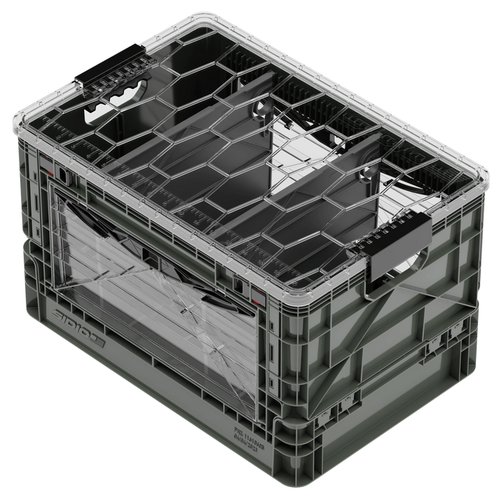 SidioCrate collapsible window storage crate in gray plastic for camper van organization.