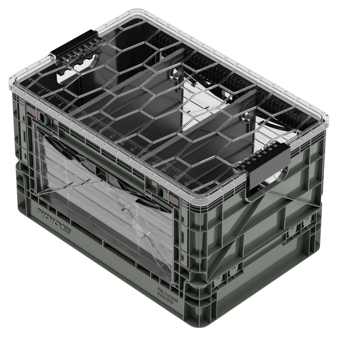 SidioCrate collapsible window storage crate in gray plastic for camper van organization.
