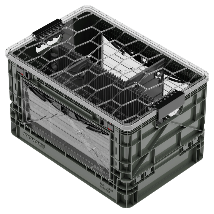 Grey SidioCrate collapsible window storage crate for camper van organization.