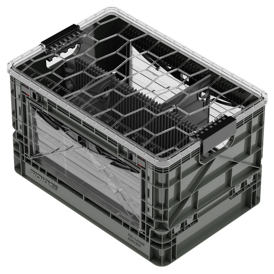 Grey SidioCrate collapsible window storage crate for camper van organization.