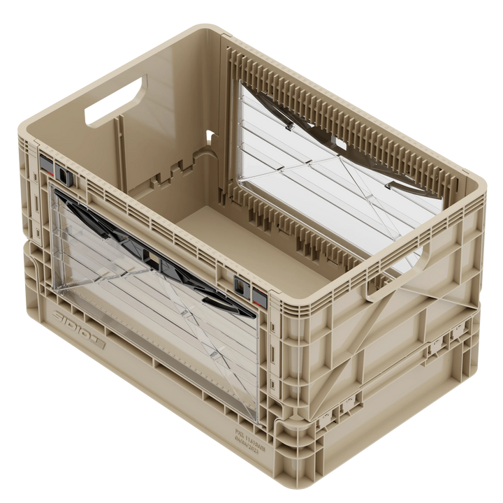 Beige SidioCrate full size collapsible storage crate with window panels for camper van organization.