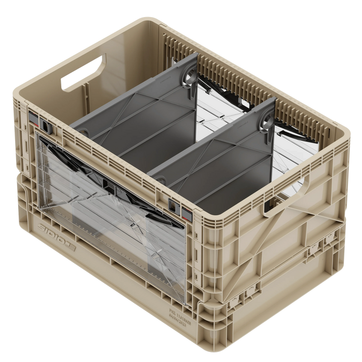 SidioCrate collapsible window storage crate in tan plastic for camper van organization.