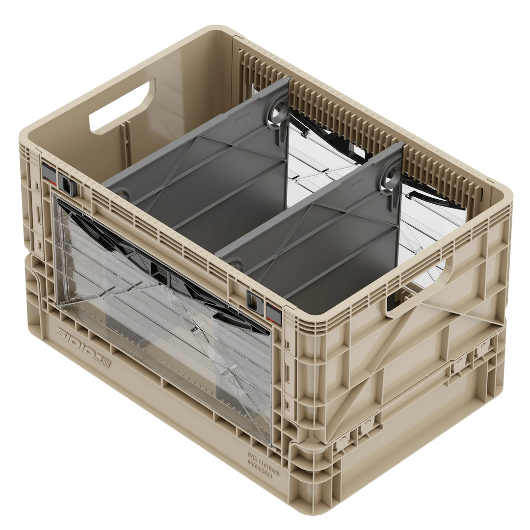 SidioCrate collapsible window storage crate in tan plastic for camper van organization.
