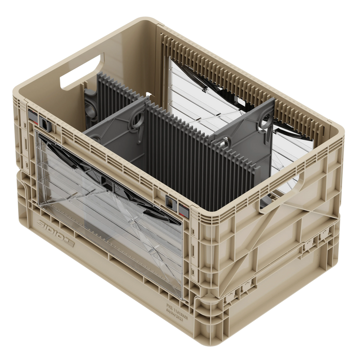 Tan SidioCrate collapsible window storage bin for camper van organization.