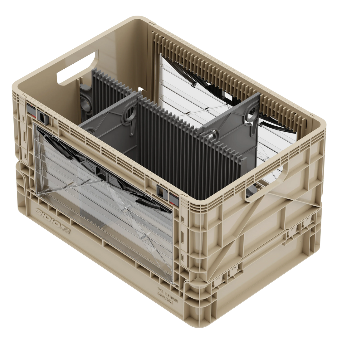 Tan SidioCrate collapsible window storage bin for camper van organization.