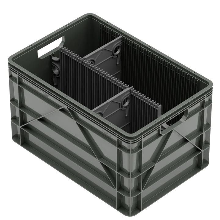 Dark grey SidioCrate full size storage crate for camper vans with internal dividers.