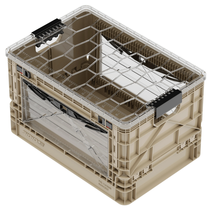 Tan SidioCrate collapsible window storage crate for camper vans.