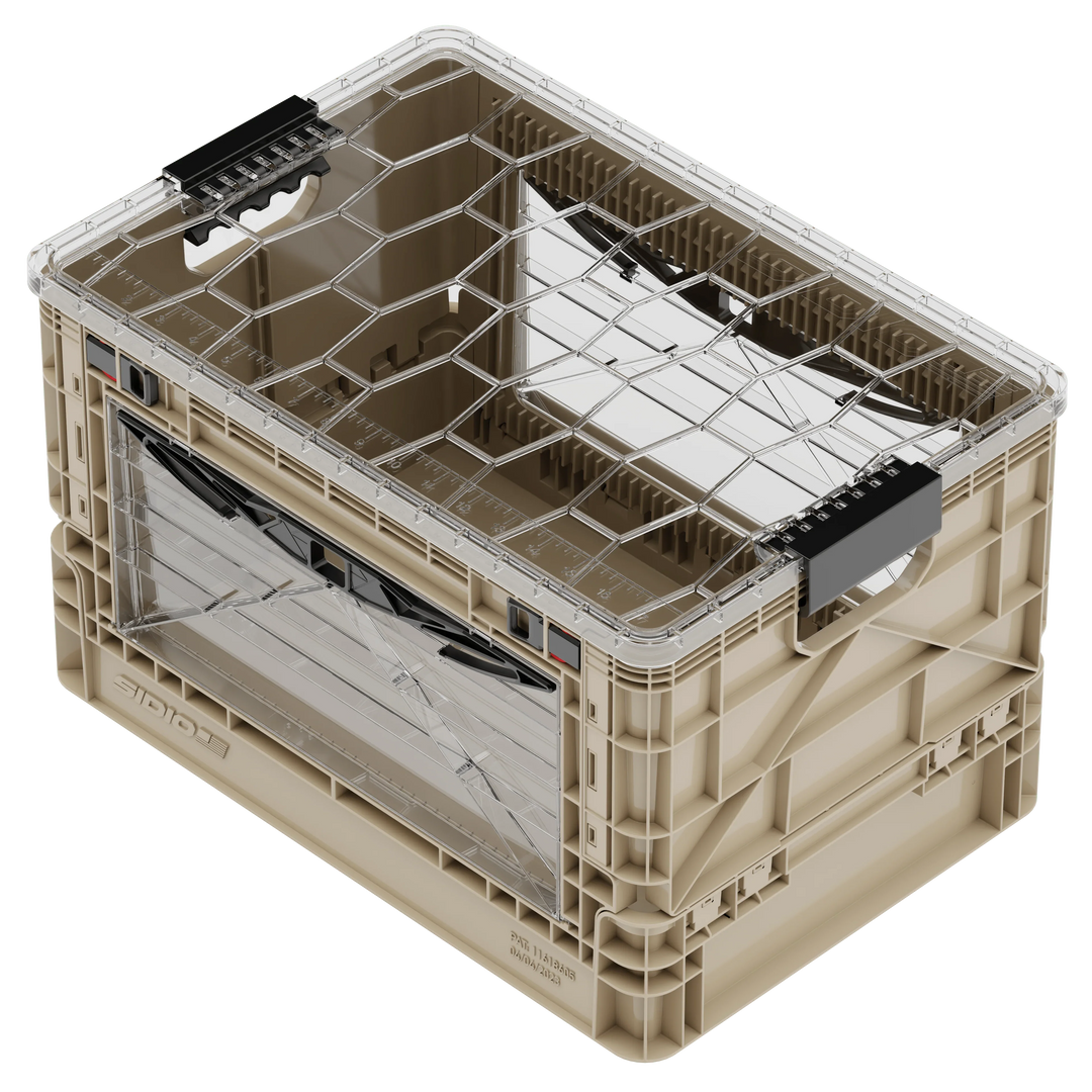 Tan SidioCrate collapsible window storage crate for camper vans.