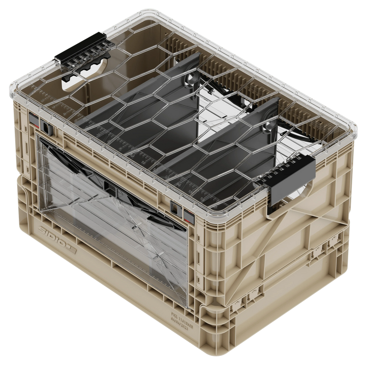 Beige SidioCrate window-mounted collapsible storage crate for camper vans.