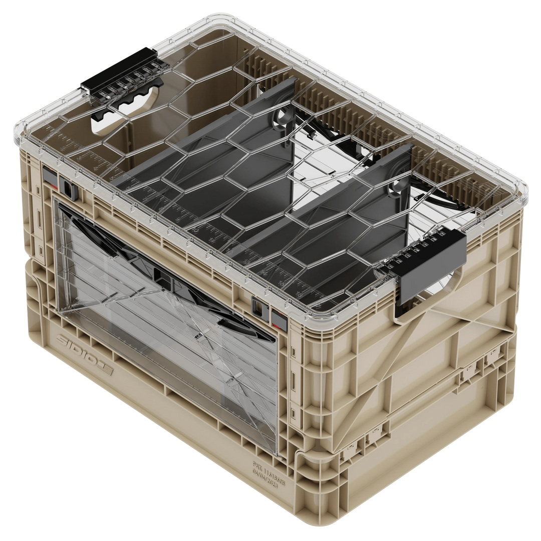 Beige SidioCrate window-mounted collapsible storage crate for camper vans.