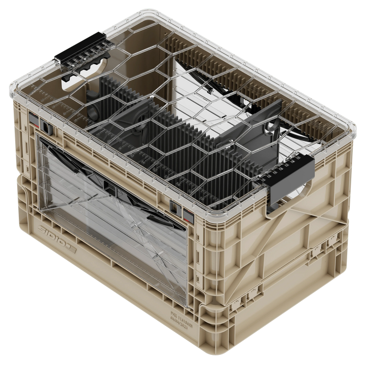 Tan SidioCrate collapsible storage crate with clear window for camper van organization.