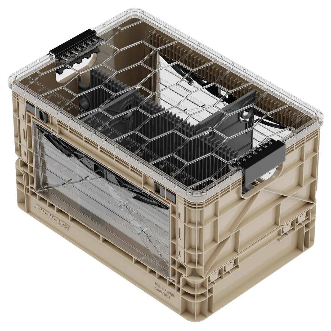 Tan SidioCrate collapsible storage crate with clear window for camper van organization.