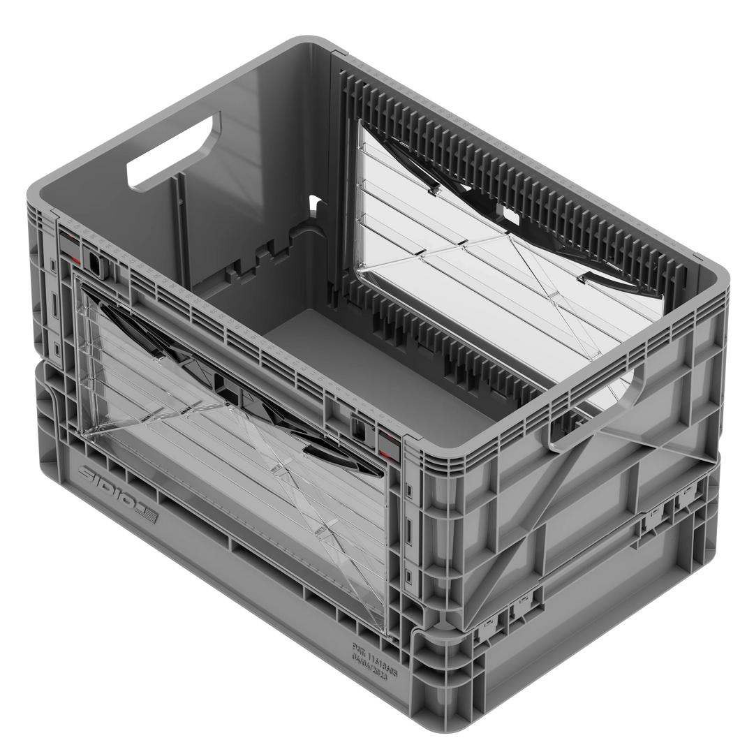 Grey SidioCrate collapsible window storage crate for camper van organization.