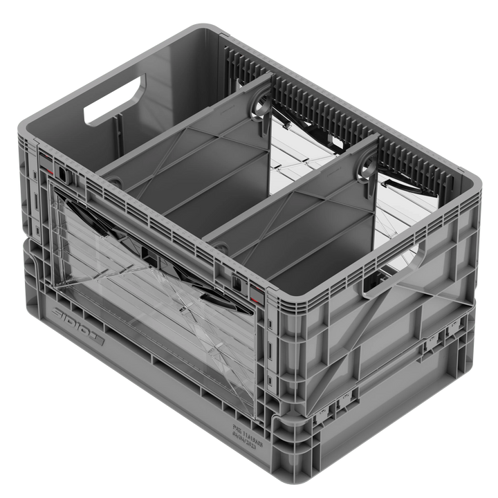 Gray SidioCrate collapsible window storage bin for camper van organization.