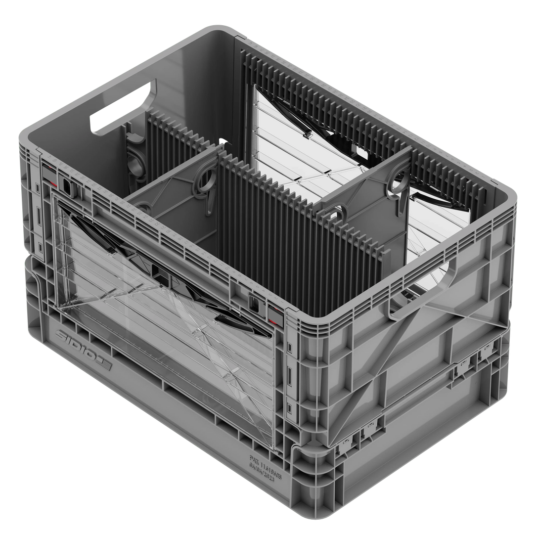 Grey SidioCrate collapsible storage bin for camper van window mounting.