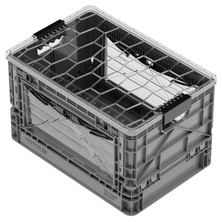 Gray SidioCrate collapsible storage crate for camper van window mounting.