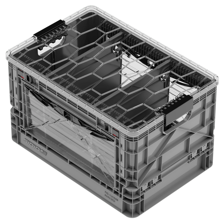 Grey collapsible SidioCrate storage bin with window and internal dividers for camper van organization.