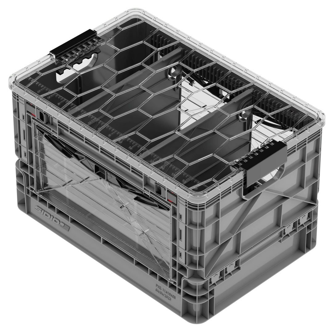 Grey collapsible SidioCrate storage bin with window and internal dividers for camper van organization.