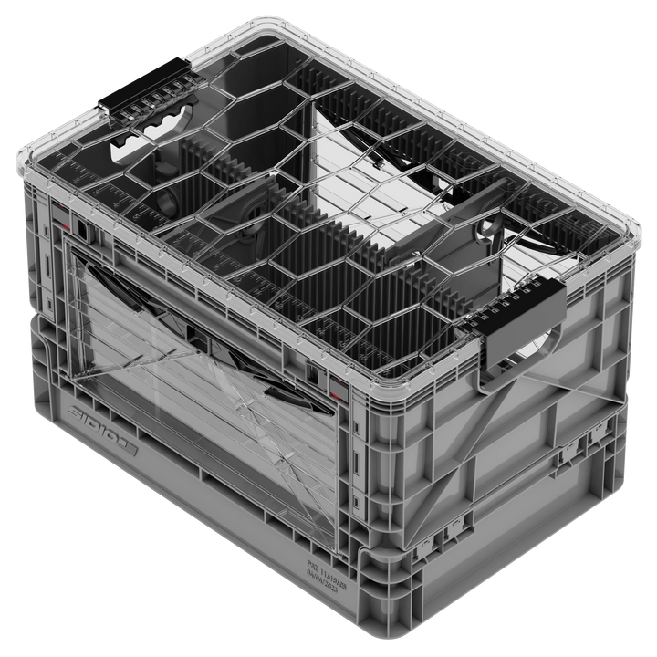 Grey collapsible SidioCrate full size storage bin with window and reinforced structural frame.
