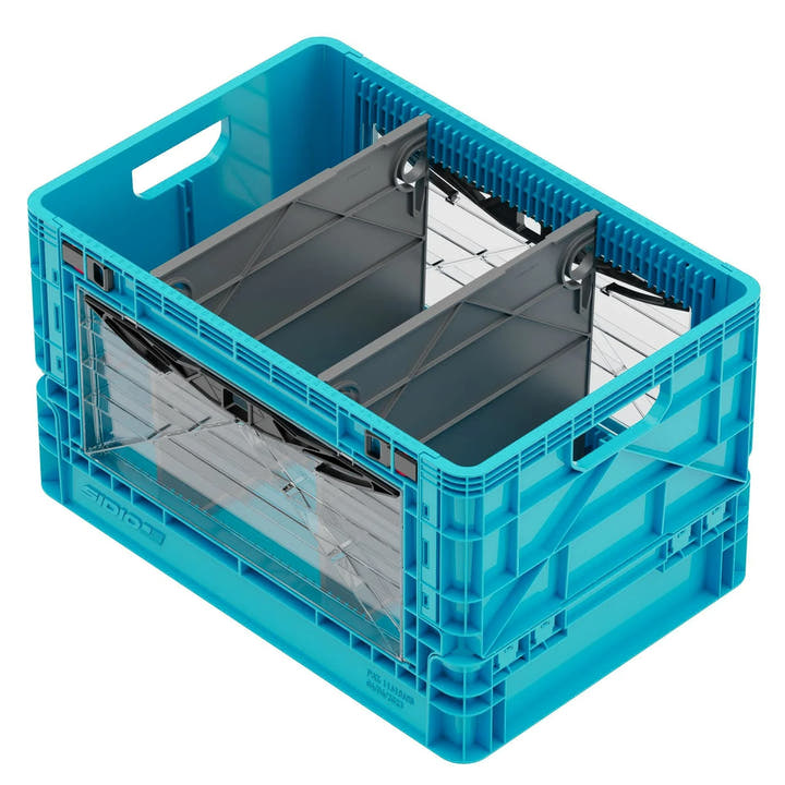Blue SidioCrate collapsible window storage crate for camper van organization.