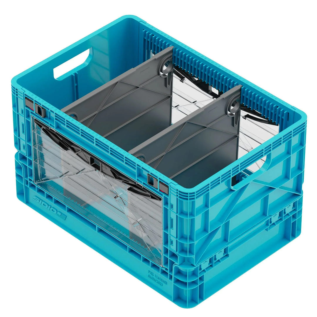 Blue SidioCrate collapsible window storage crate for camper van organization.