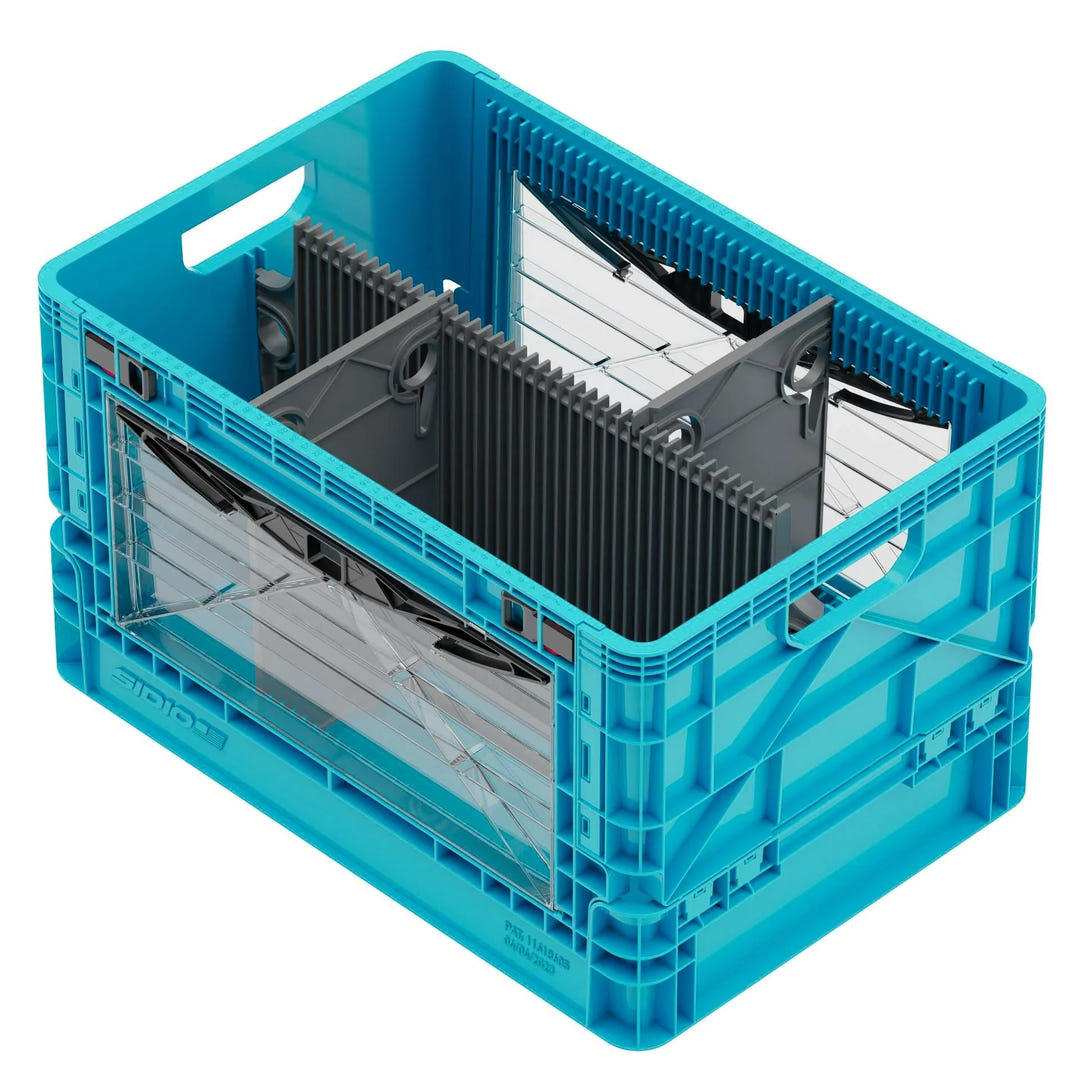 Blue SidioCrate collapsible storage crate with transparent window for camper van organization.