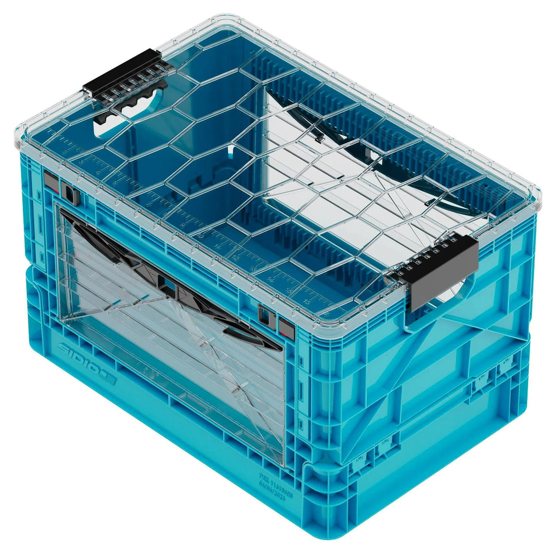 Blue SidioCrate window storage container for camper vans.